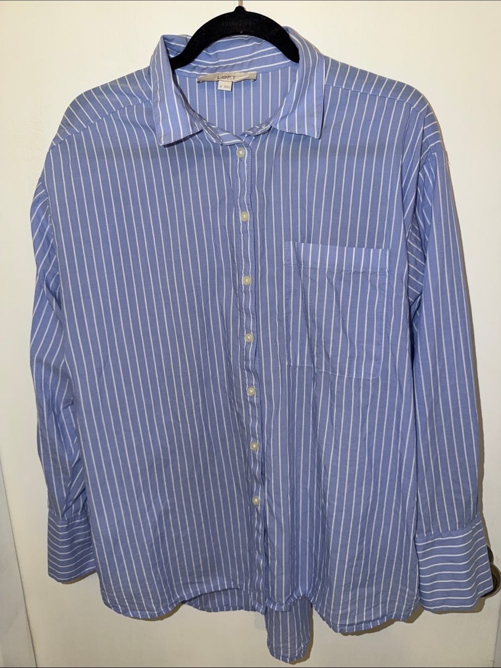 LOFT Blue and White Vertical-Stripe Button Down Shirt - Picture 2 of 7